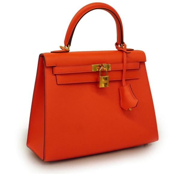 Hermes Handbag Kelly 25 X Vaux Epson Rouge Tomato Ladies - Picture 2 of 13